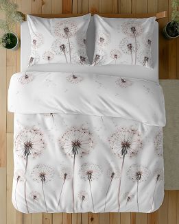 Pościel satynowa 220x200 Detexpol biała różowe dmuchawce