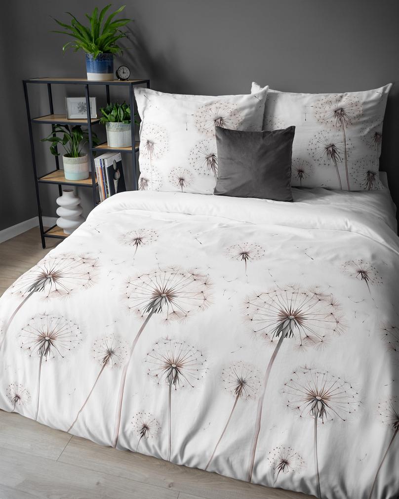 Pościel satynowa 220x200 Detexpol biała różowe dmuchawce