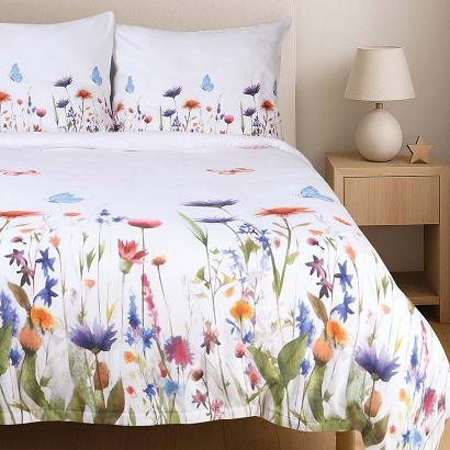 Pościel flanelowa FLANELOVE 140x200 kolorowa łąka kwiatów na białym tle