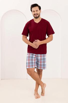 Piżama męska REGINA kod 505 bordowa spodenki w kratę