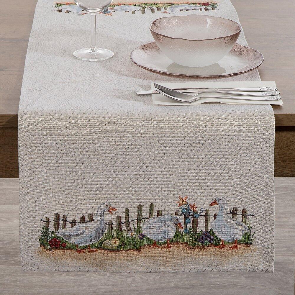 Bieżnik dekoracyjny gobelin 45x140 Eurofirany naturalny wielokolorowy wiejski krajobraz gęsi