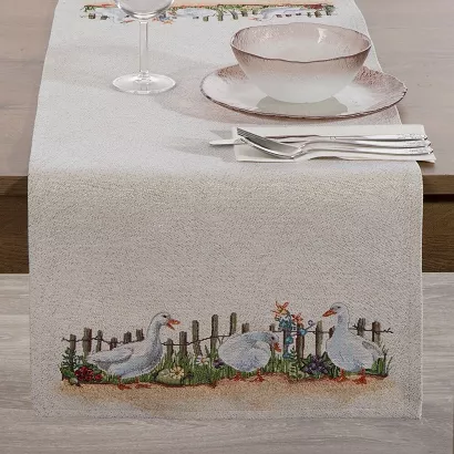 Bieżnik dekoracyjny gobelin 45x140 Eurofirany naturalny wielokolorowy wiejski krajobraz gęsi