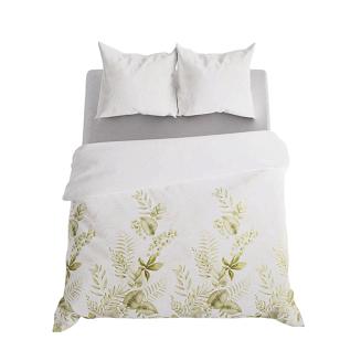 Komplet pościeli LIGIERO z bawełny satynowej 220x200 biała oliwkowa w subtelny nadruk liści