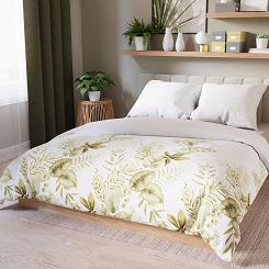 Komplet pościeli LIGIERO z bawełny satynowej 220x200 biała oliwkowa w subtelny nadruk liści