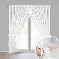 Firana gotowa na taśmie ARTEMIDA 400x250 Eurofirany biała z etaminy kwiatowa aplikacja na bokach