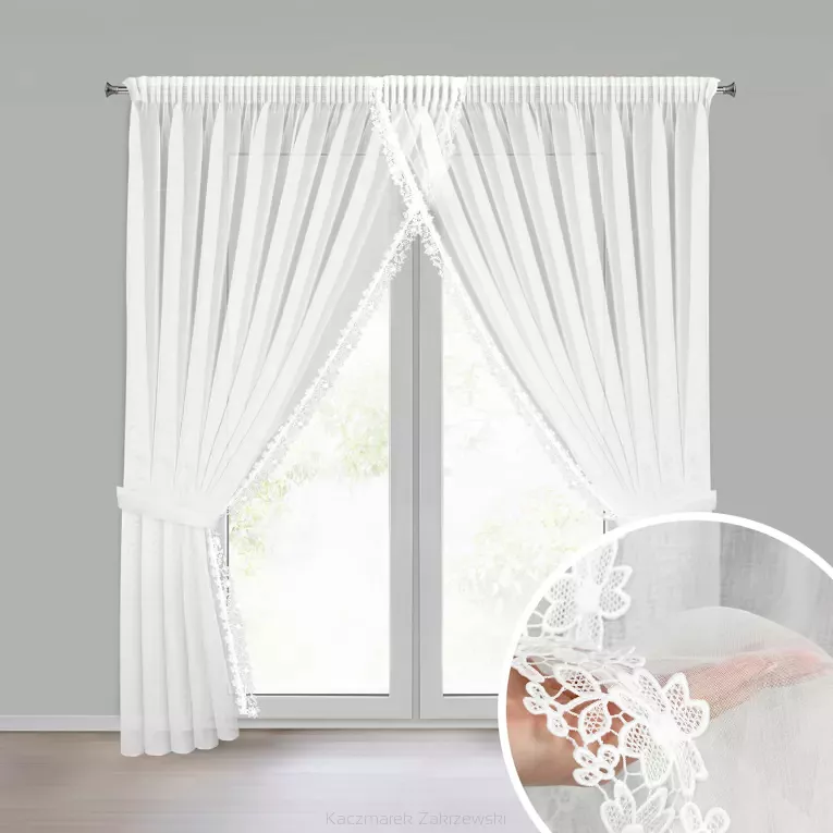 Firana gotowa na taśmie ARTEMIDA 400x250 Eurofirany biała z etaminy kwiatowa aplikacja na bokach