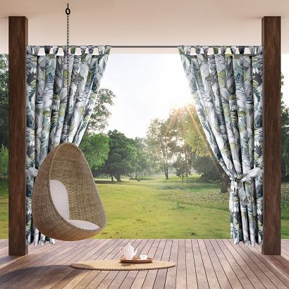 Zasłona gotowa na szelkach wodoodporna GARDEN 155x220 ogrodowa zielona - szara we wzór botaniczny