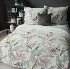 Pościel satynowa 160x200 Detexpol szałwiowa wrzosowe beżowe magnolie