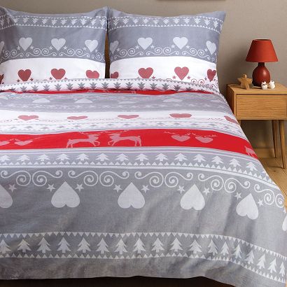 Pościel flanelowa FLANELOVE 220x200 szara w serca i choinki