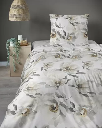 Pościel satynowa Home Satin 140x200 biała w duże kremowe kwiaty