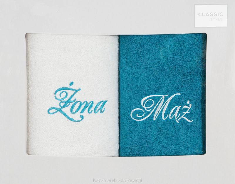 Komplet ręczników 2 szt. Eurofirany Mąż-Żona bialy/turkusowy