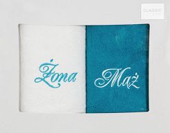 Komplet ręczników 2 szt. 70x140 Eurofirany Mąż-Żona biały turkusowy