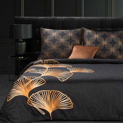 Pościel z makosatyny VICTORIA10 160x200 Eurofirany czarna złota liście miłorzębu