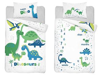 Pościel bawełniana 100x135 biała w zielone niebieskie wesołe dinozaury + cyferki