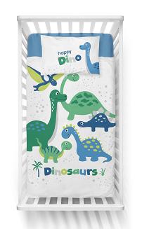 Pościel bawełniana 100x135 biała w zielone niebieskie wesołe dinozaury + cyferki