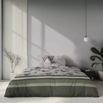 Pościel satynowa Home Satin 140x200 szara zielona w liście i pasy