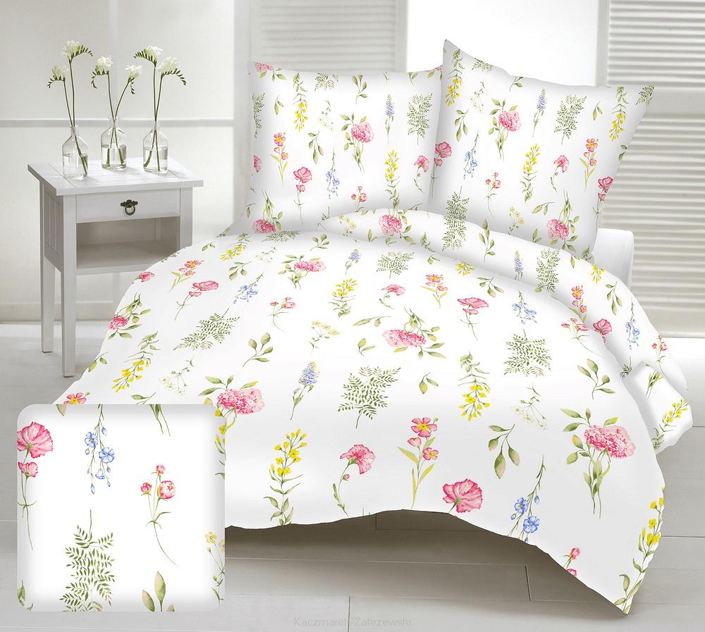 Pościel z satyny luksusowej 160x200 biała kolorowa kwiatowa łąka