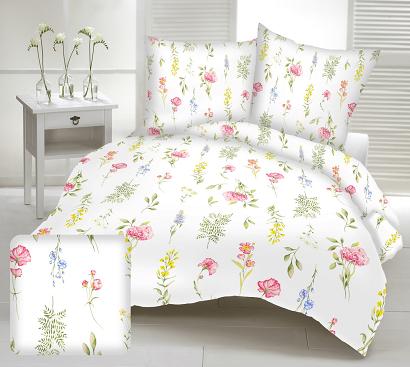 Pościel z satyny luksusowej 160x200 biała kolorowa kwiatowa łąka