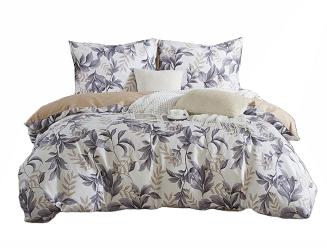 Pościel satyna bawełniana 140x200 ecru beżowa szara w liście