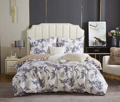 Pościel satyna bawełniana 140x200 ecru beżowa szara w liście