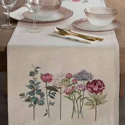 Bieżnik obrus dekoracyjny gobelin 45x140 Eurofirany naturalny ogrodowe kwiaty peonie