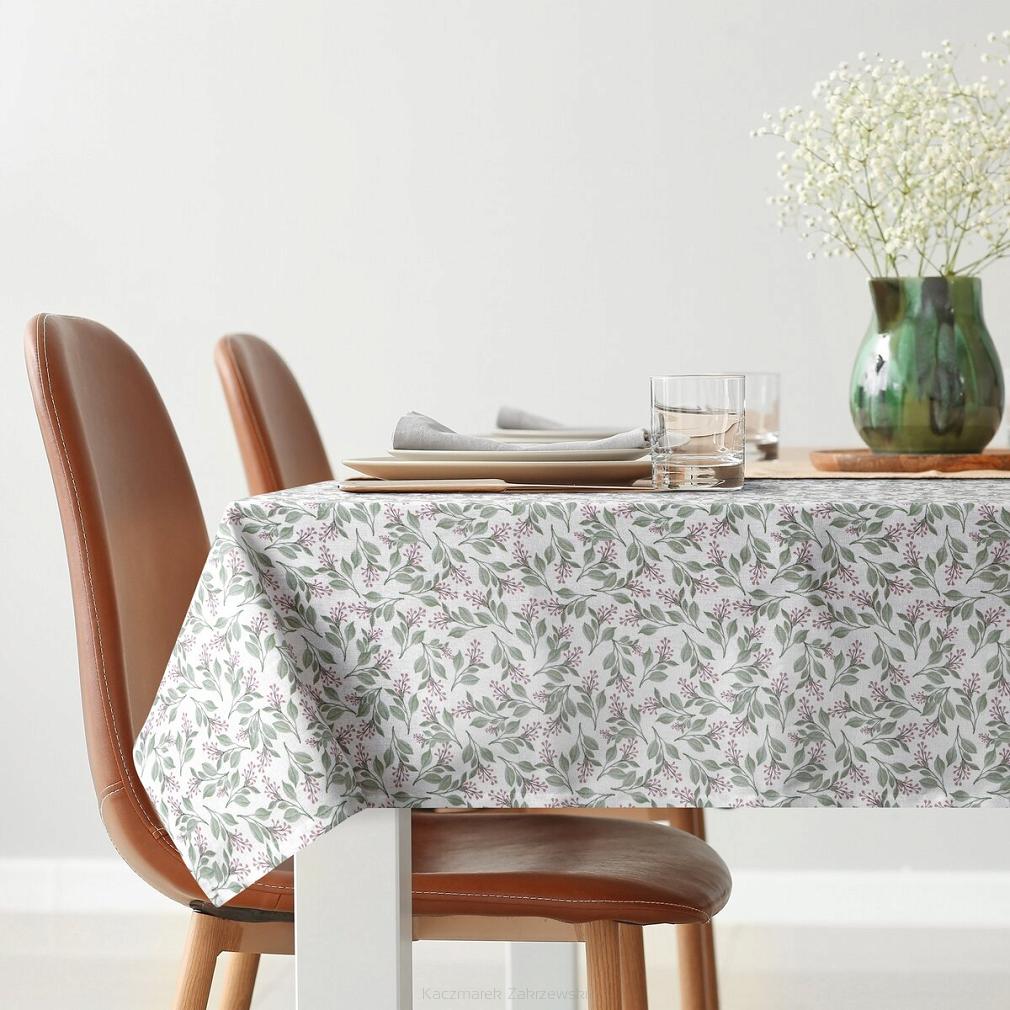 Obrus dekoracyjny wodoodporny GRACE 140x180 Eurofirany biały zielony wzór botaniczny gałązki