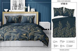 Pościel satynowa 160x200 granatowa złota kwiaty