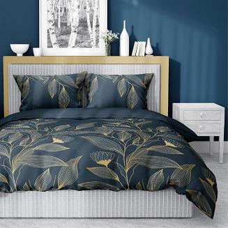 Pościel satynowa 160x200 granatowa złota kwiaty