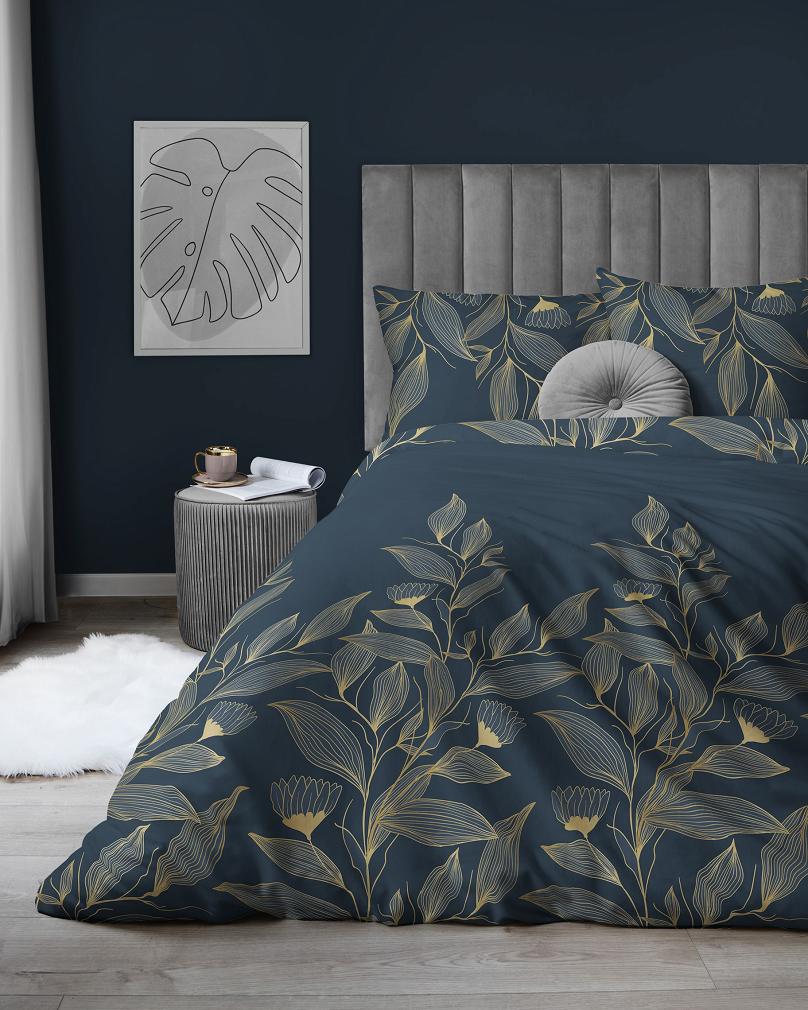 Pościel satynowa 160x200 granatowa złota kwiaty