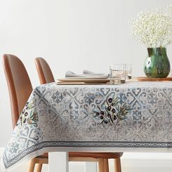 Obrus dekoracyjny gobelin 140x180 Eurofirany naturalny niebieski oliwki ornamenty