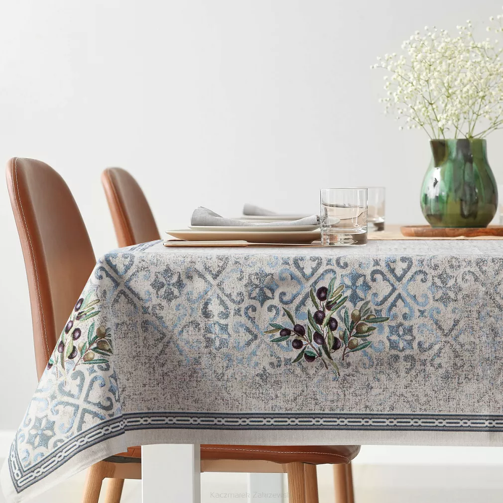 Obrus dekoracyjny gobelin 140x180 Eurofirany naturalny niebieski oliwki ornamenty