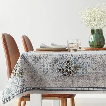 Obrus dekoracyjny gobelin 140x180 Eurofirany naturalny niebieski oliwki ornamenty