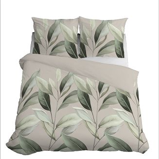 Pościel satynowa 220x200 Detexpol beżowa zielone kremowe gałązki liście