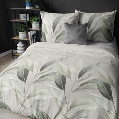Pościel satynowa 220x200 Detexpol beżowa zielone kremowe gałązki liście