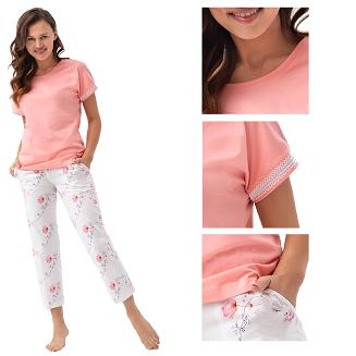 Piżama damska LUNA kod 667 koralowa biała kwiaty koronka