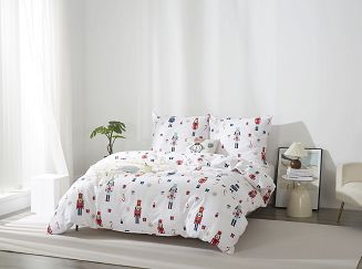 Biała Pościel Świąteczna Satyna Bawełniana z Nadrukiem 220x200 Xmass Nutcracker