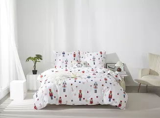 Biała Pościel Świąteczna Satyna Bawełniana z Nadrukiem 220x200 Xmass Nutcracker