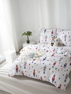 Biała Pościel Świąteczna Satyna Bawełniana z Nadrukiem 220x200 Xmass Nutcracker