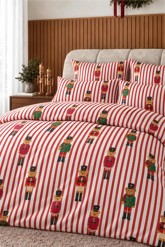 Pościel Świąteczna z Satyny Bawełnianej NUTCRACKER BEAR Czerwona (160x200 cm)