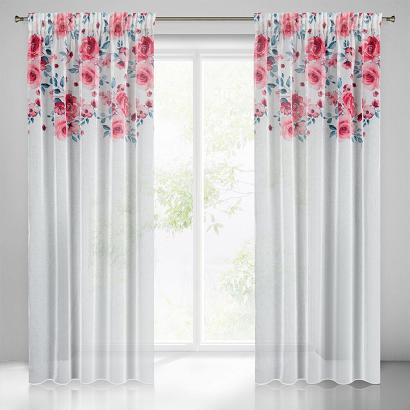 Zasłona gotowa na taśmie EDEN 140x270 Eurofirany biała różowa malowane róże