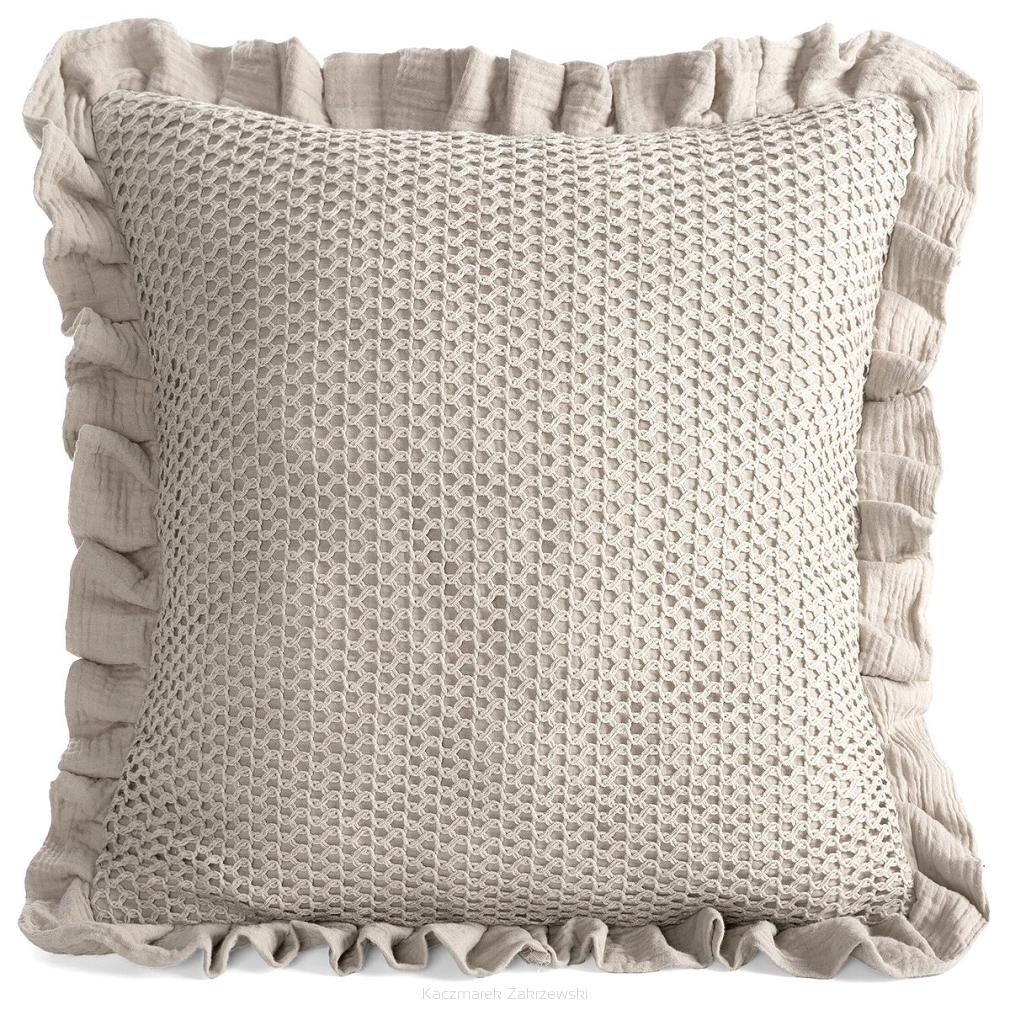 Poszewka dekoracyjna MUSLIN2 45x45 Eurofirany beżowa z siatką a'la koronka i falbaną