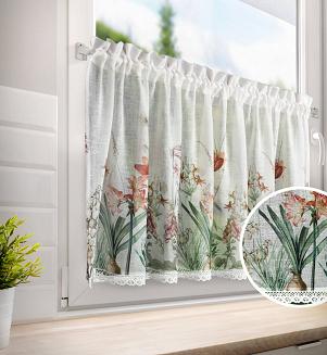 Zazdrostka firana gotowa na tunel NEMEZJA 150x60 Eurofirany biała fioletowa kwiaty amarylisy lilie