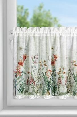 Zazdrostka firana gotowa na tunel NEMEZJA 150x60 Eurofirany biała fioletowa kwiaty amarylisy lilie