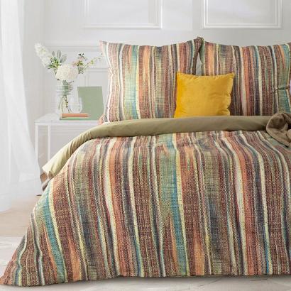 Pościel bawełniana Ada 160x200 Eurofirany oliwkowa ruda wielokolorowa kropkowane paski