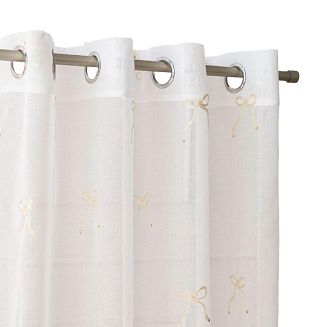 Firana gotowa na przelotkach z ołowianką KOKARDKA 140x250 biała etamina haftowana złote kokardki