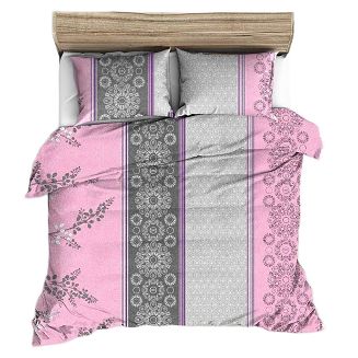 Pościel flanelowa 160x200 różowe szare pionowe pasy