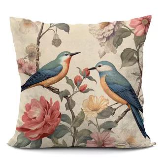 Poszewka dekoracyjna MARIKA 40x40 welwetowa śmietankowa w ptaki i kwiaty