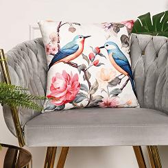 Poszewka dekoracyjna MARIKA 40x40 welwetowa śmietankowa w ptaki i kwiaty