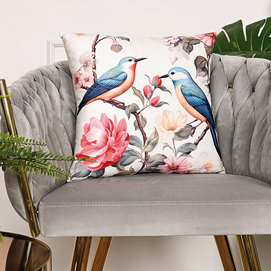 Poszewka dekoracyjna MARIKA 40x40 welwetowa śmietankowa w ptaki i kwiaty