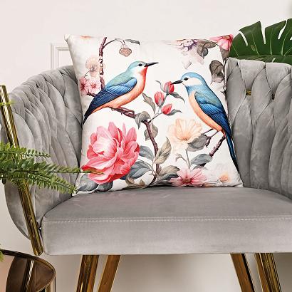 Poszewka dekoracyjna MARIKA 40x40 welwetowa śmietankowa w ptaki i kwiaty